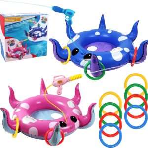 flotador de pulpo para piscina con pistola de agua y juego de lanzamiento de anillos para niños