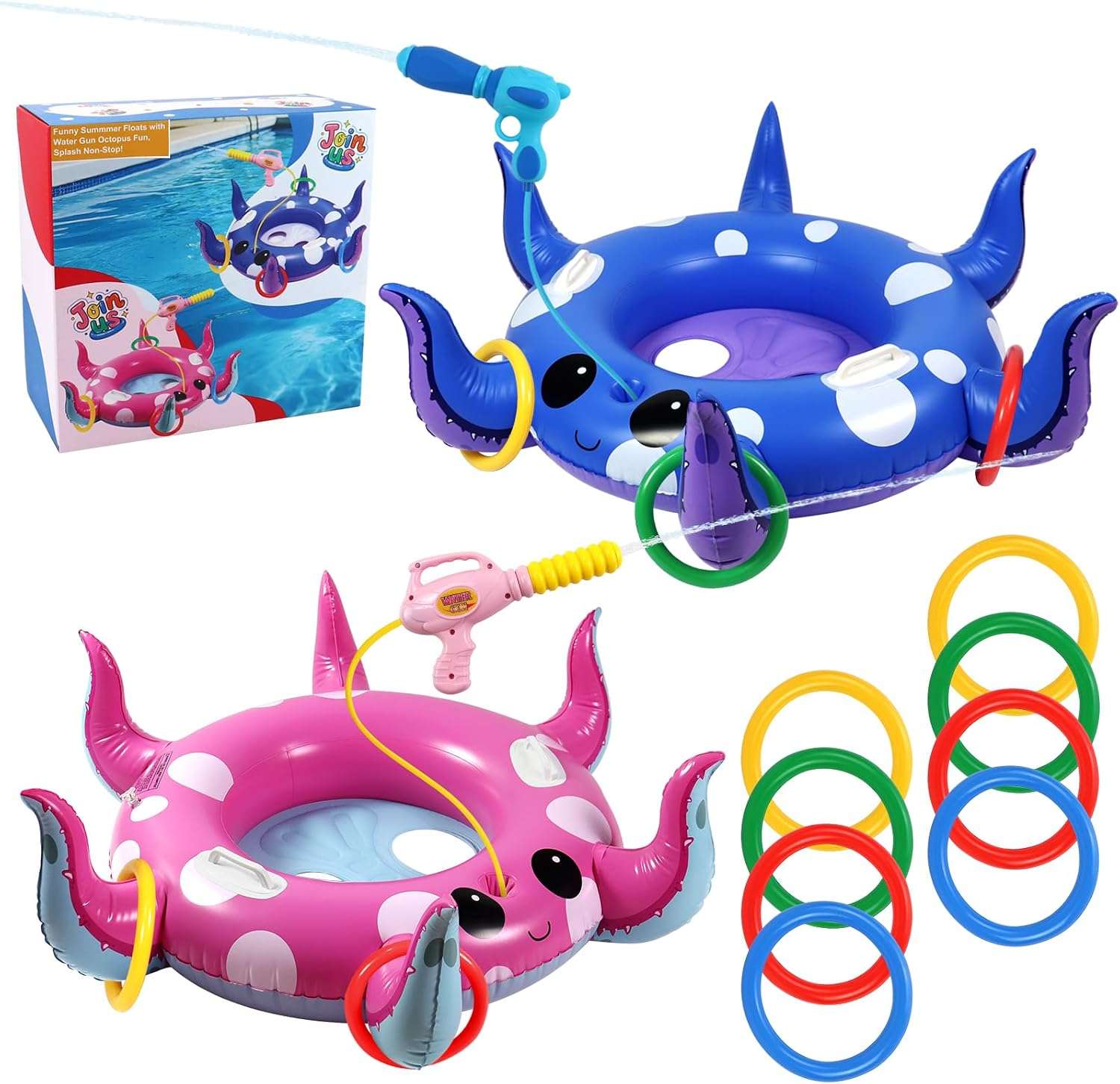 flotador de pulpo para piscina con pistola de agua y juego de lanzamiento de anillos para niños