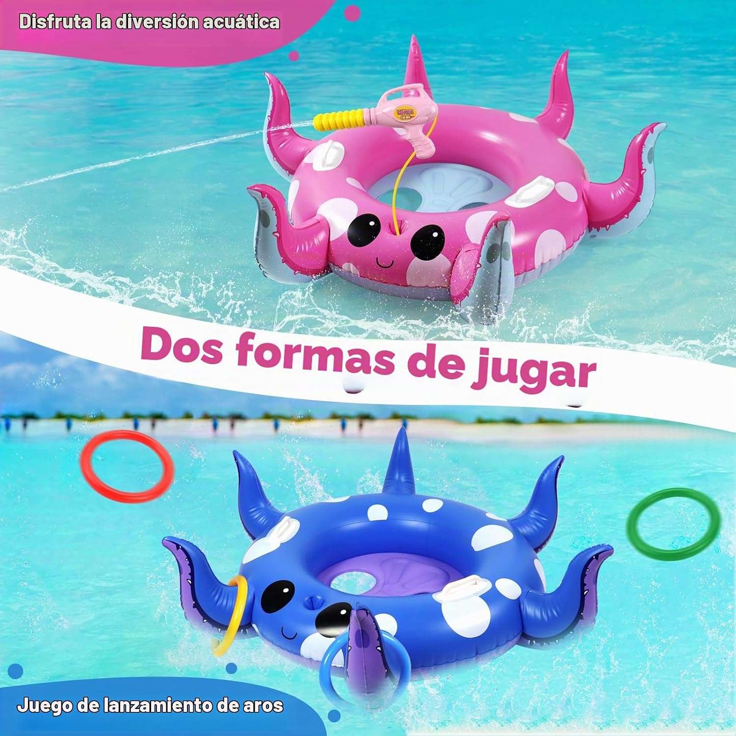 flotador de pulpo para piscina con pistola de agua y juego de lanzamiento de anillos para niños