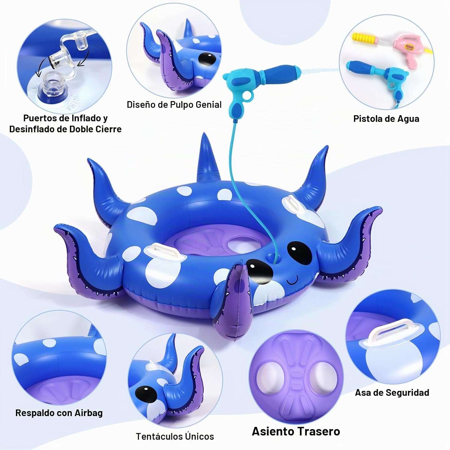 flotador de pulpo para piscina con pistola de agua y juego de lanzamiento de anillos para niños