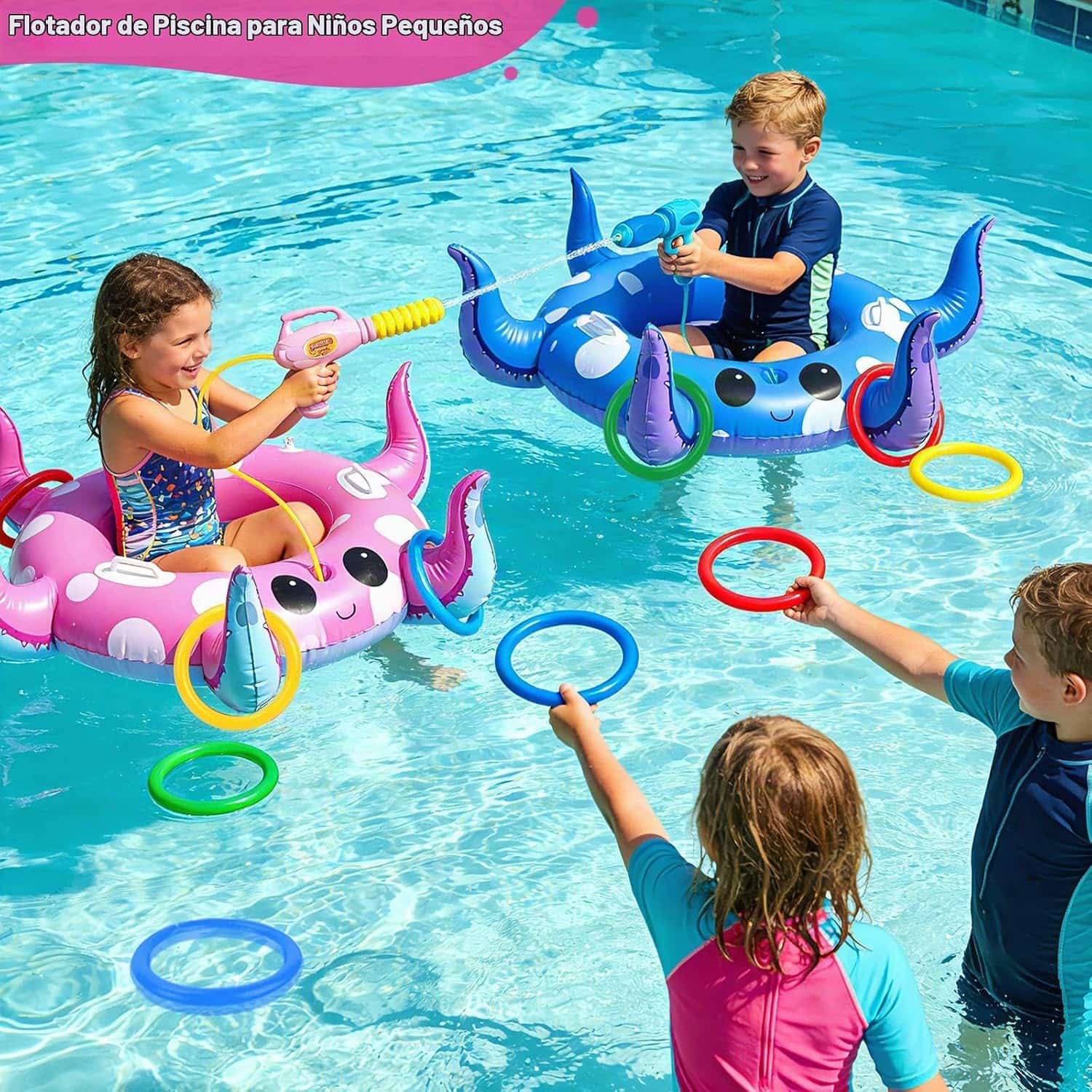 flotador de pulpo para piscina con pistola de agua y juego de lanzamiento de anillos para niños