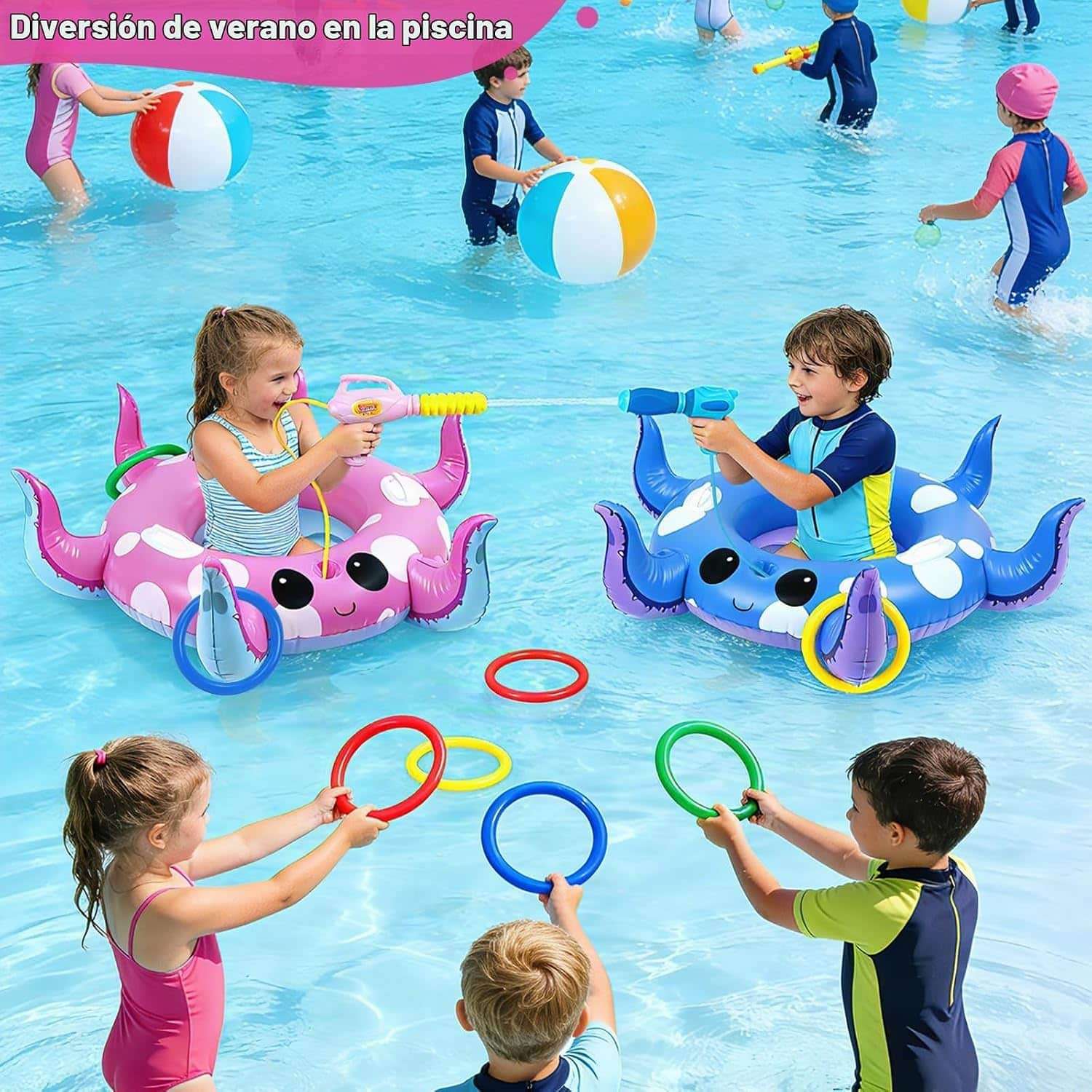 flotador de pulpo para piscina con pistola de agua y juego de lanzamiento de anillos para niños