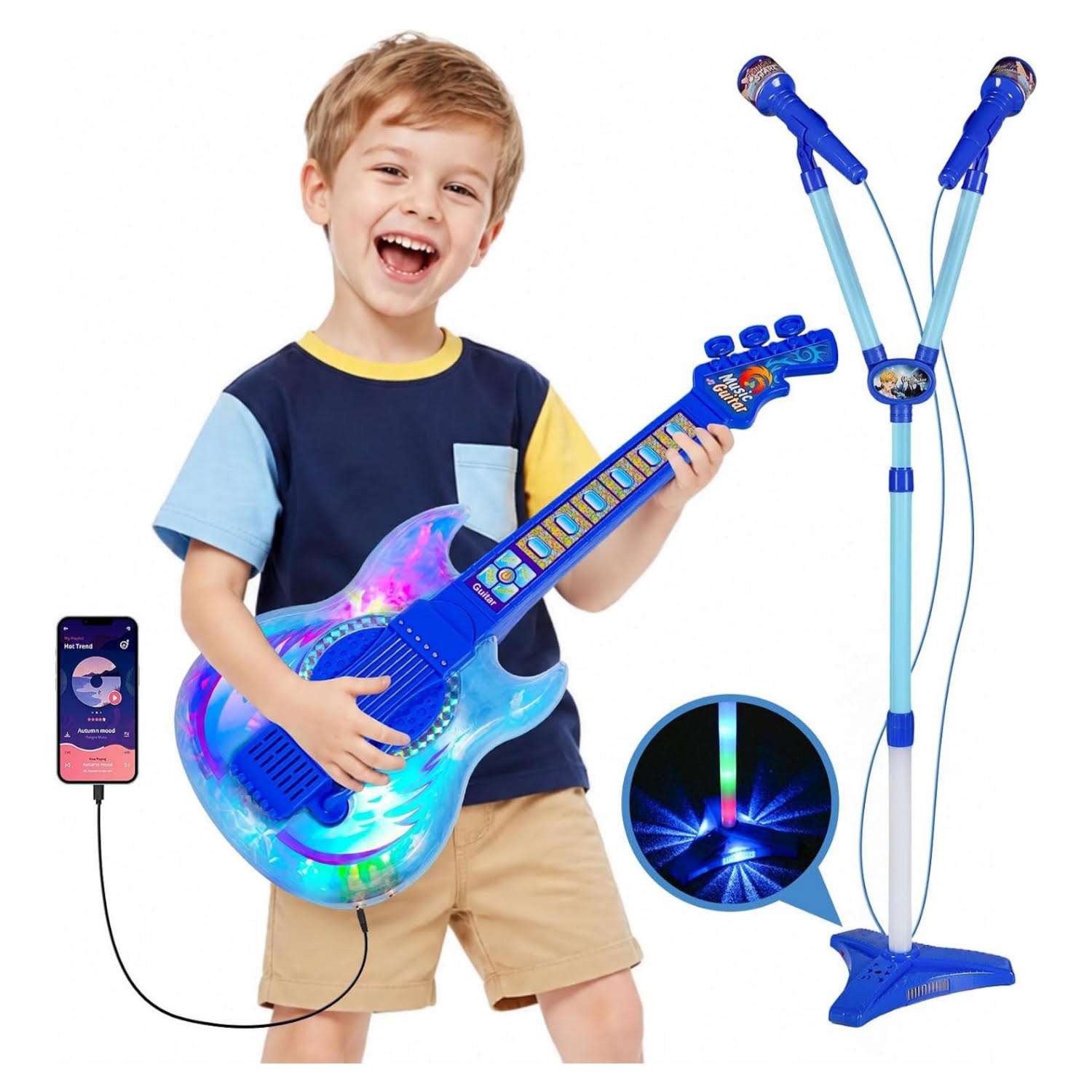 guitarra de juguete con dos micrófonos, soporte ajustable y luces led de escenario para niños