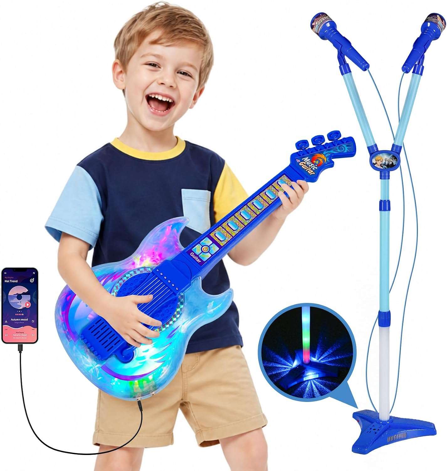 guitarra de juguete con dos micrófonos, soporte ajustable y luces led de escenario para niños