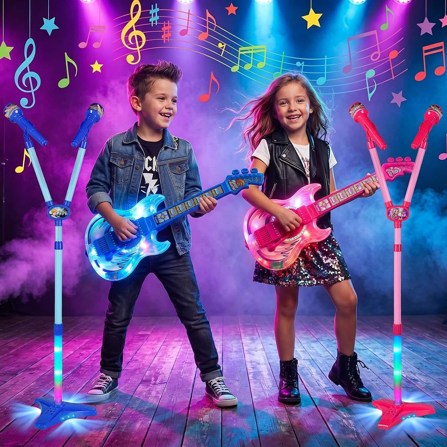 guitarra de juguete con dos micrófonos, soporte ajustable y luces led de escenario para niños
