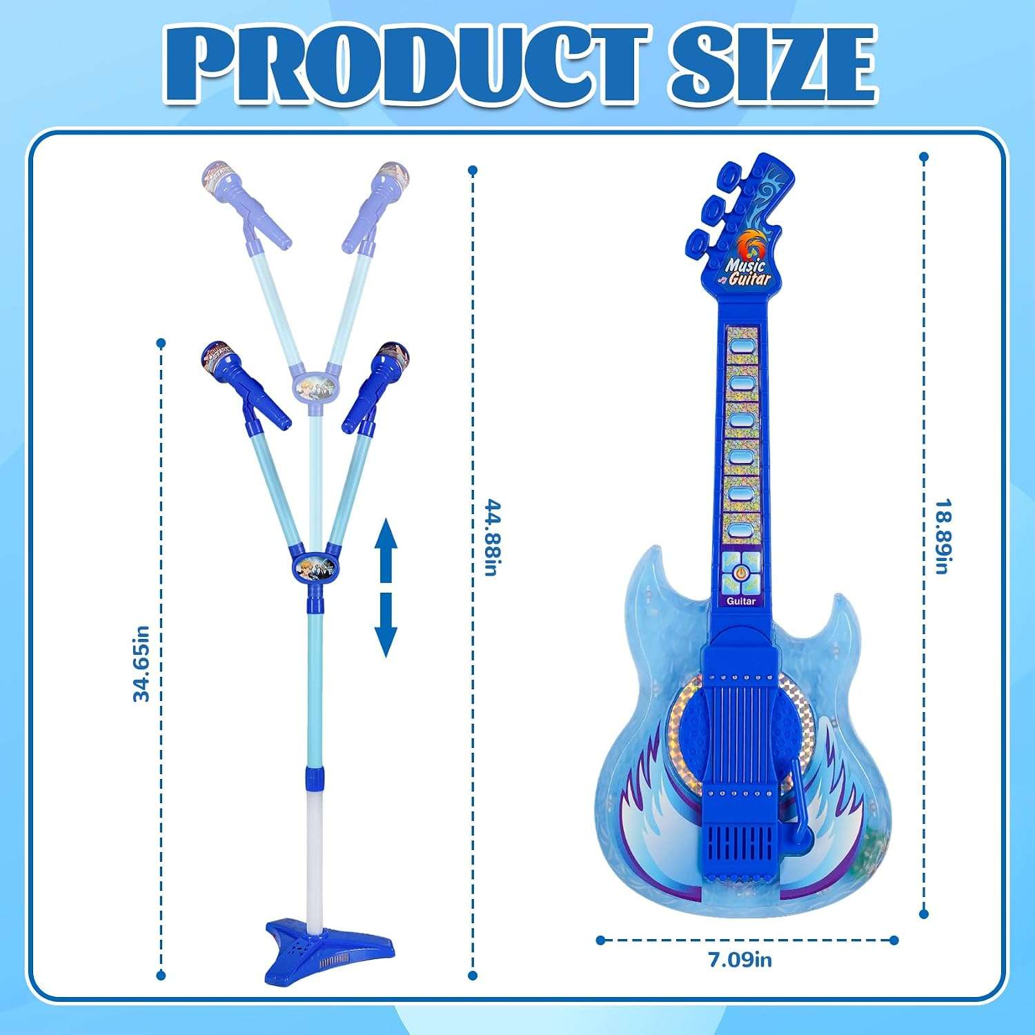 guitarra de juguete con dos micrófonos, soporte ajustable y luces led de escenario para niños