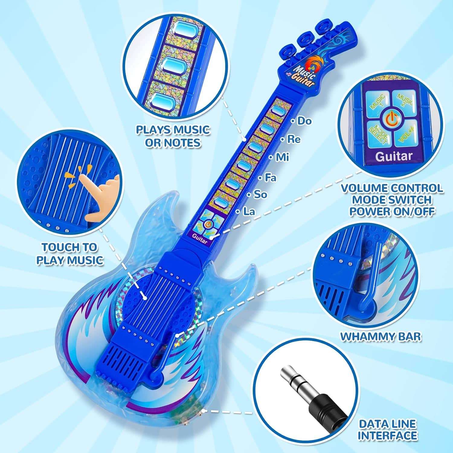 guitarra de juguete con dos micrófonos, soporte ajustable y luces led de escenario para niños