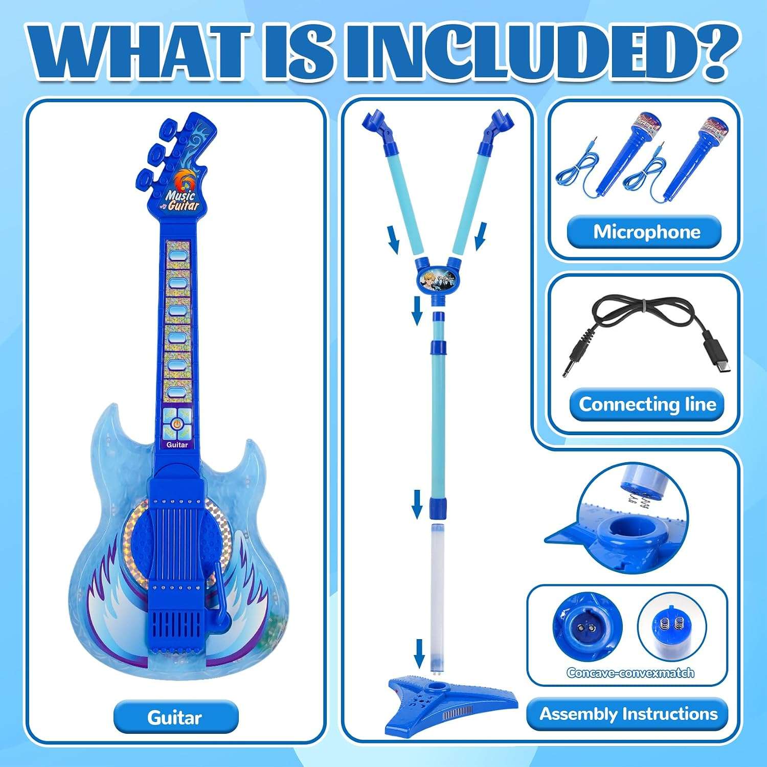 guitarra de juguete con dos micrófonos, soporte ajustable y luces led de escenario para niños