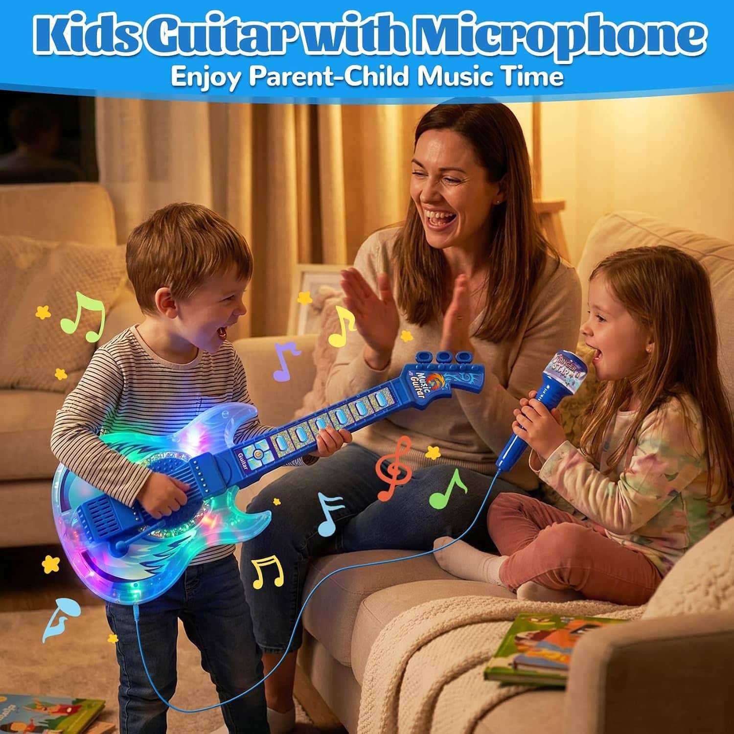 guitarra de juguete con dos micrófonos, soporte ajustable y luces led de escenario para niños