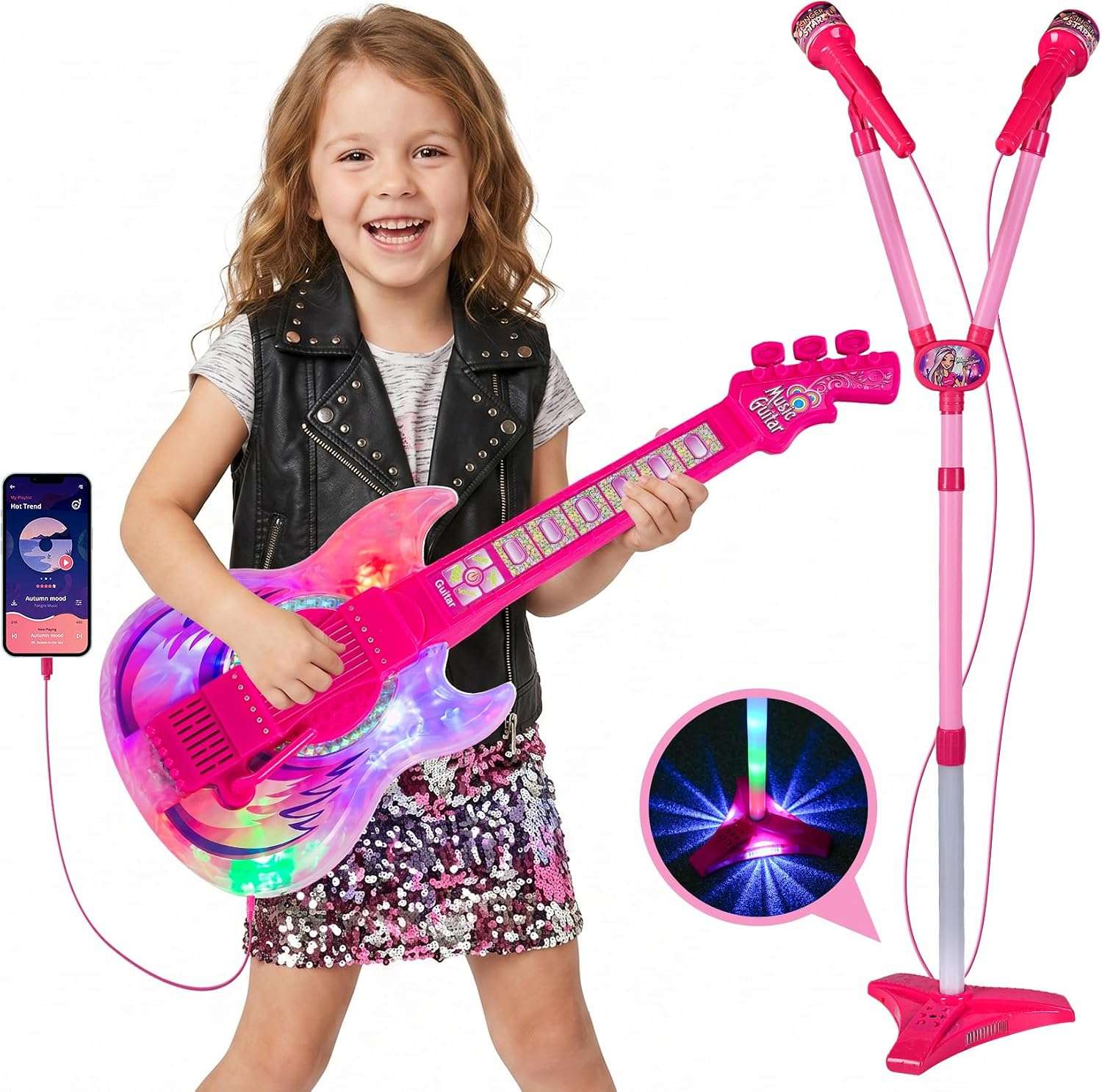 guitarra de juguete con dos micrófonos, soporte ajustable y luces led de escenario para niños