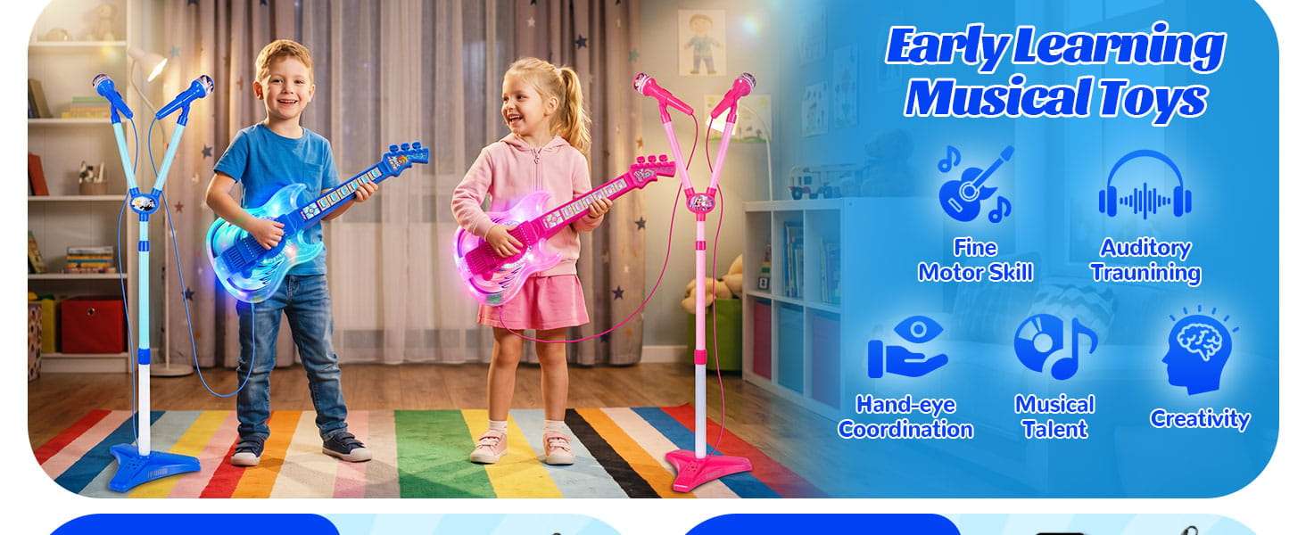 guitarra de juguete con dos micrófonos, soporte ajustable y luces led de escenario para niños
