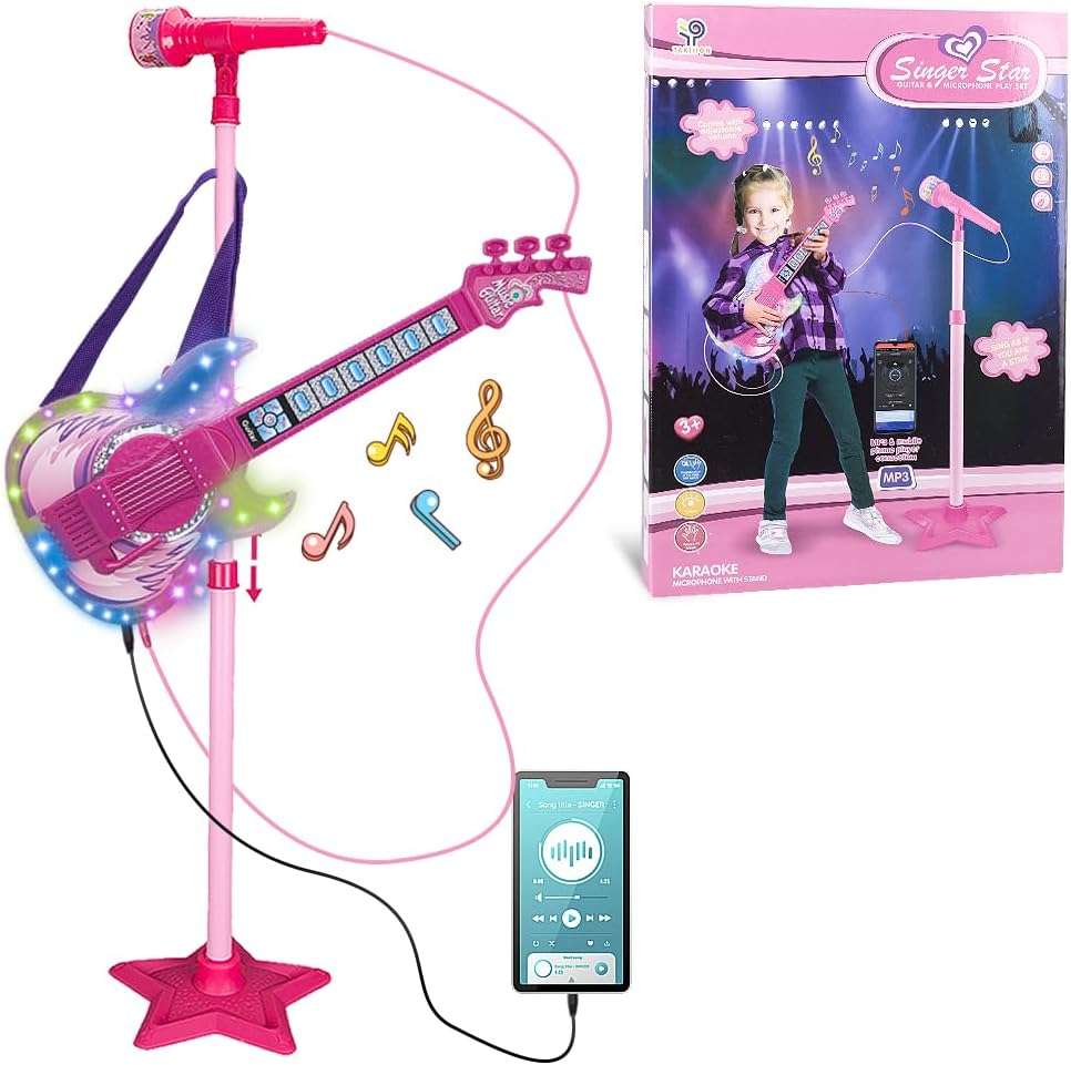 guitarra de juguete con micrófono, pedestal ajustable, luces y altavoz para niños