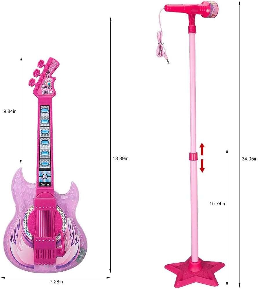 guitarra de juguete con micrófono, pedestal ajustable, luces y altavoz para niños