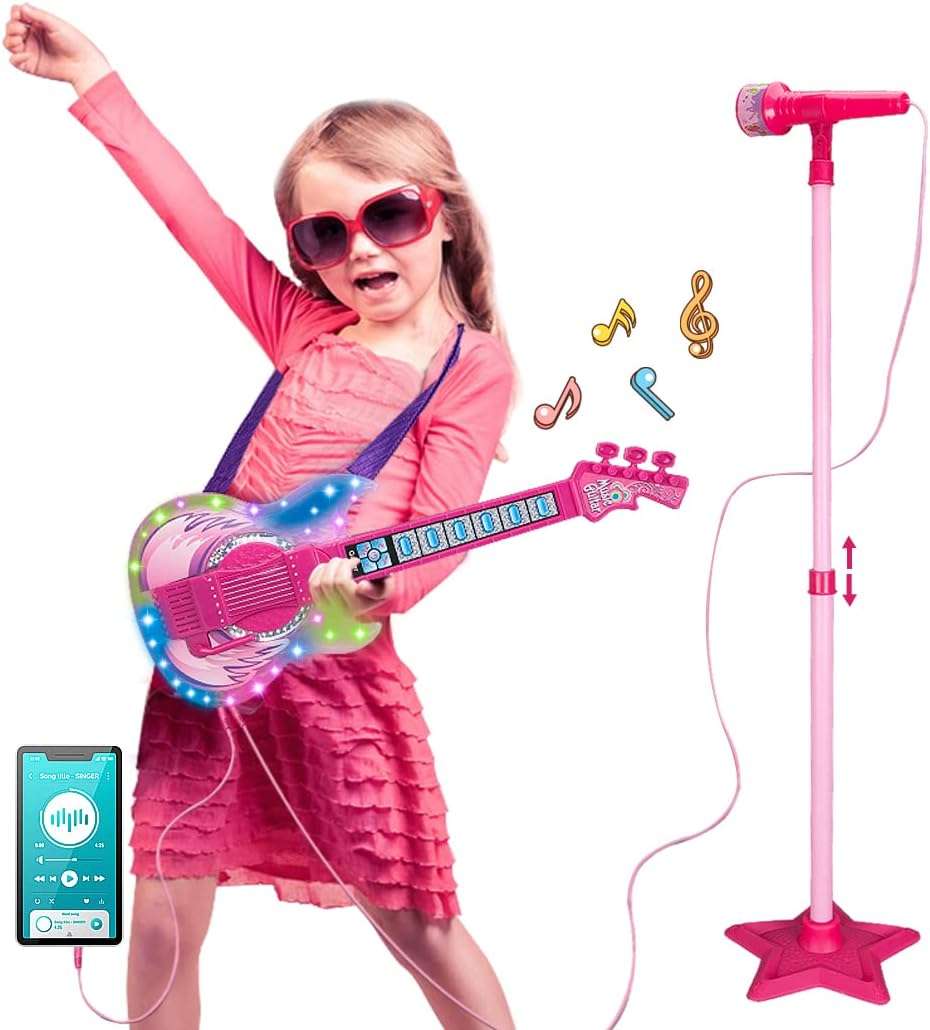 guitarra de juguete con micrófono, pedestal ajustable, luces y altavoz para niños