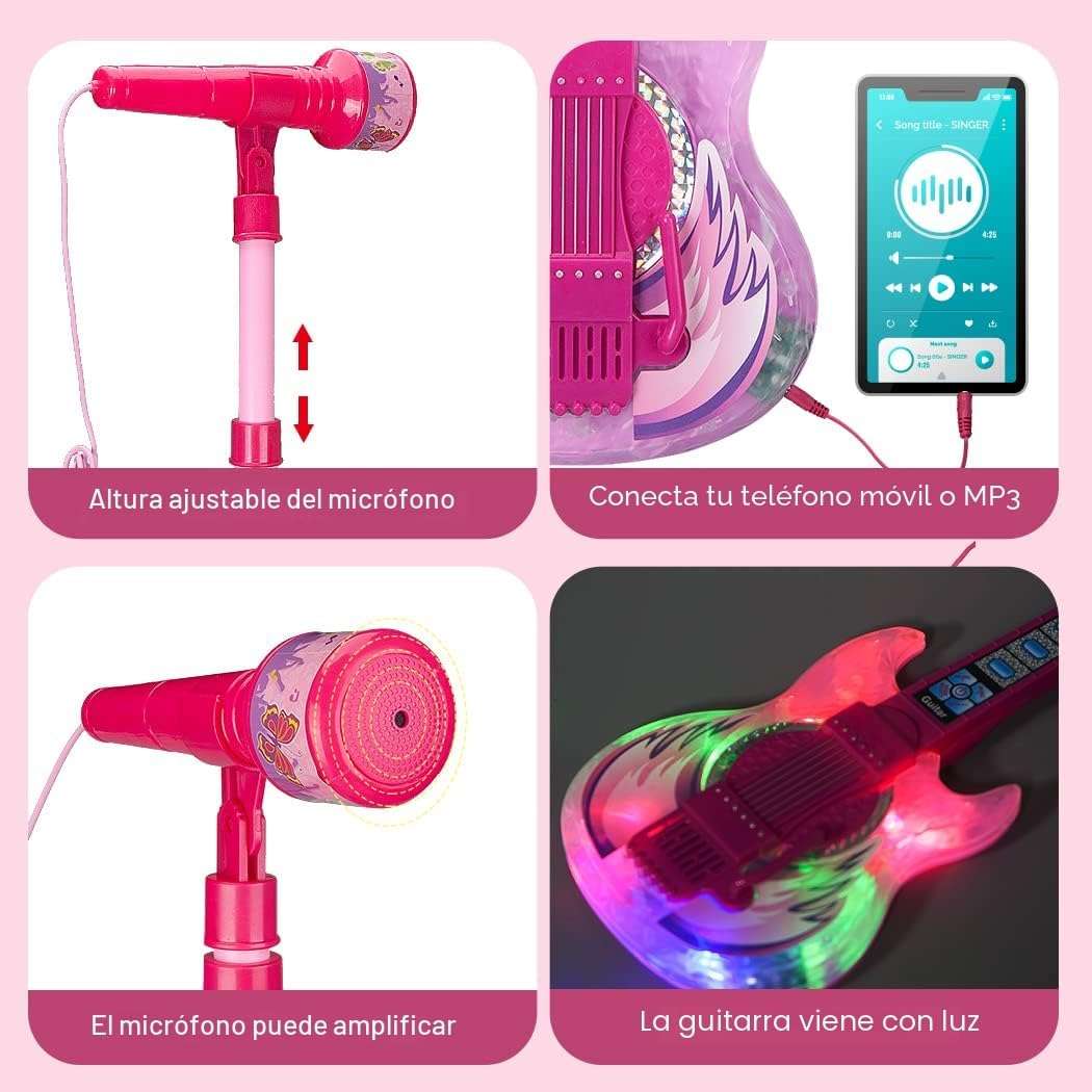 guitarra de juguete con micrófono, pedestal ajustable, luces y altavoz para niños