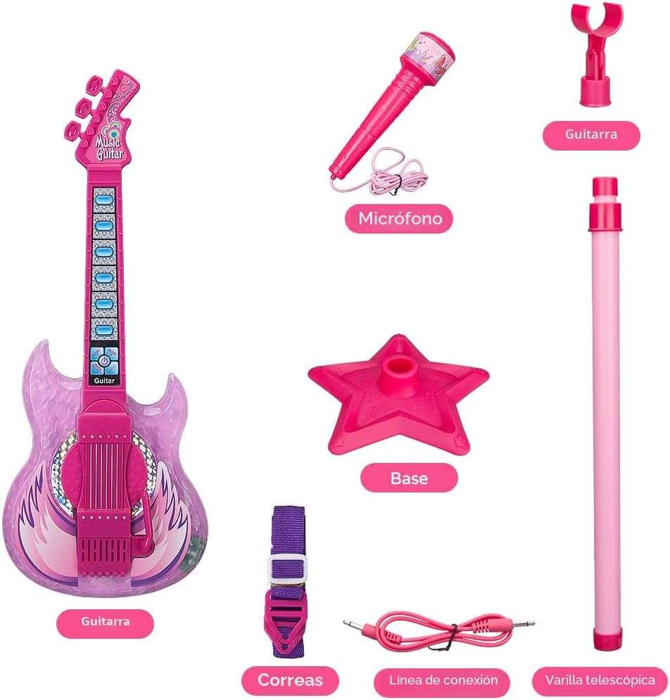 guitarra de juguete con micrófono, pedestal ajustable, luces y altavoz para niños