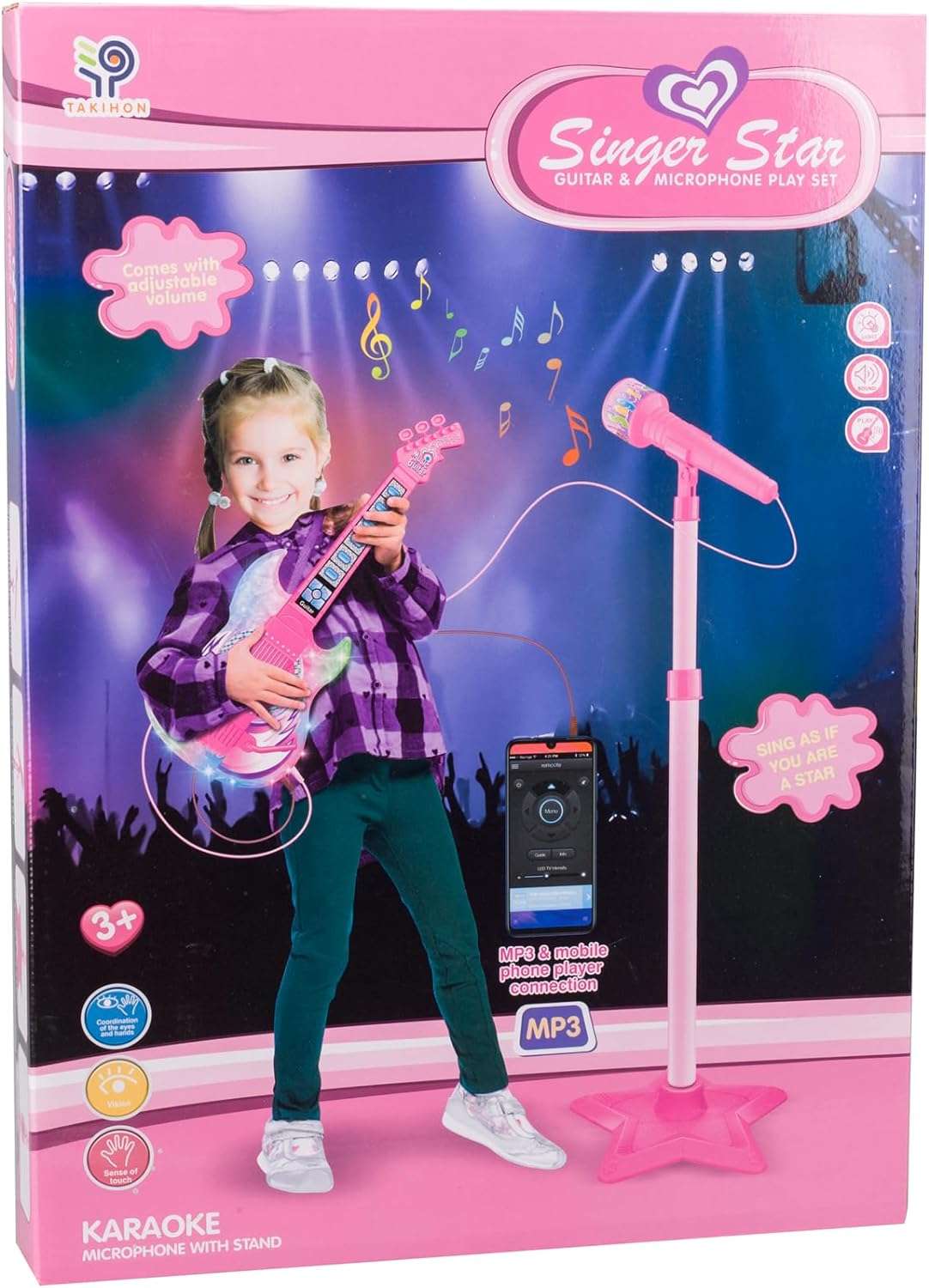 guitarra de juguete con micrófono, pedestal ajustable, luces y altavoz para niños