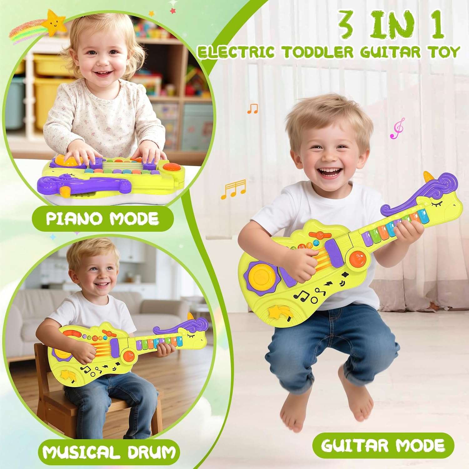 guitarra de juguete multifuncional 3 en 1 con luces y efectos de sonido para niños