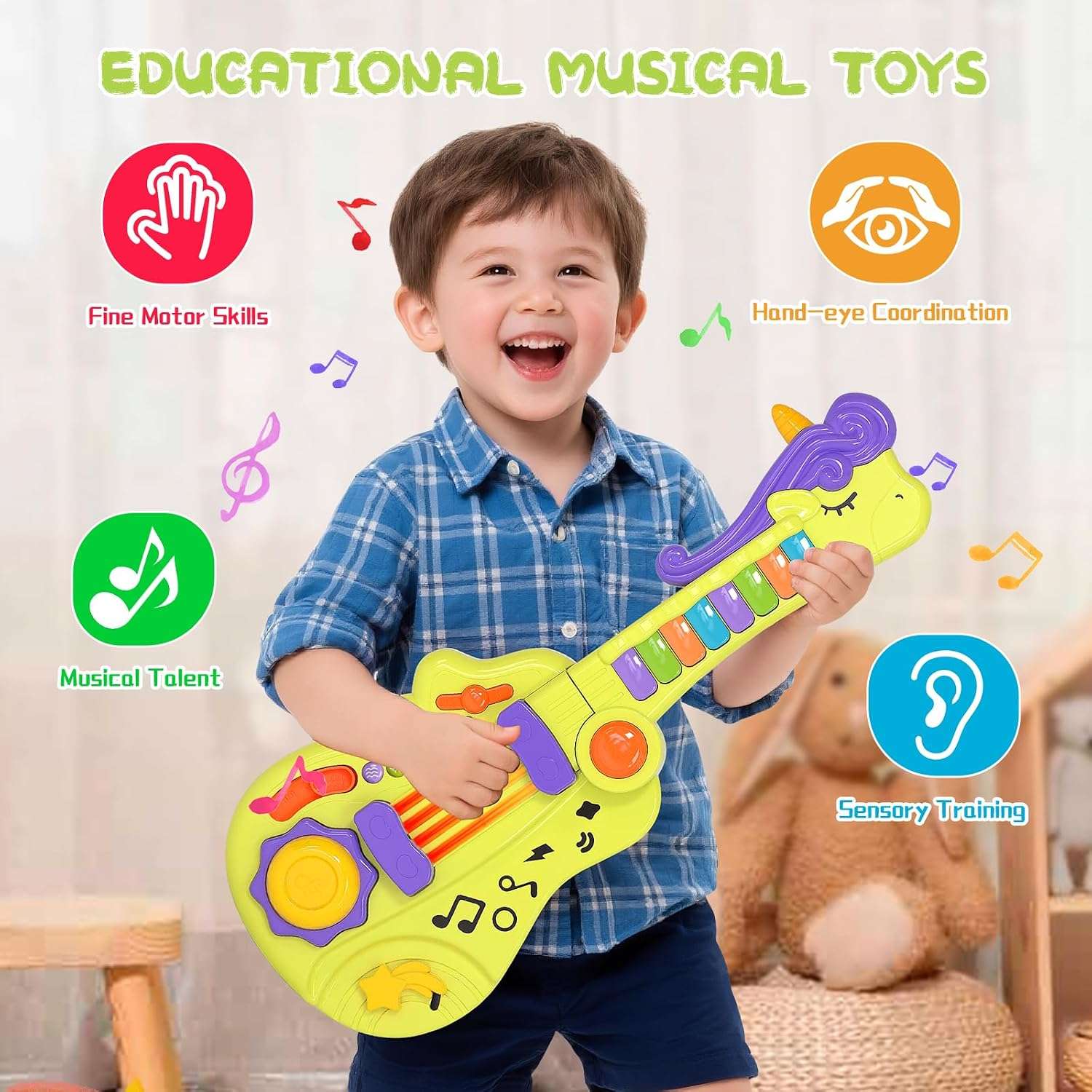 guitarra de juguete multifuncional 3 en 1 con luces y efectos de sonido para niños