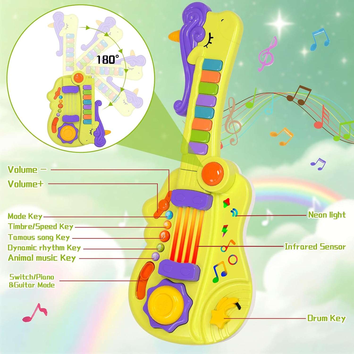 guitarra de juguete multifuncional 3 en 1 con luces y efectos de sonido para niños