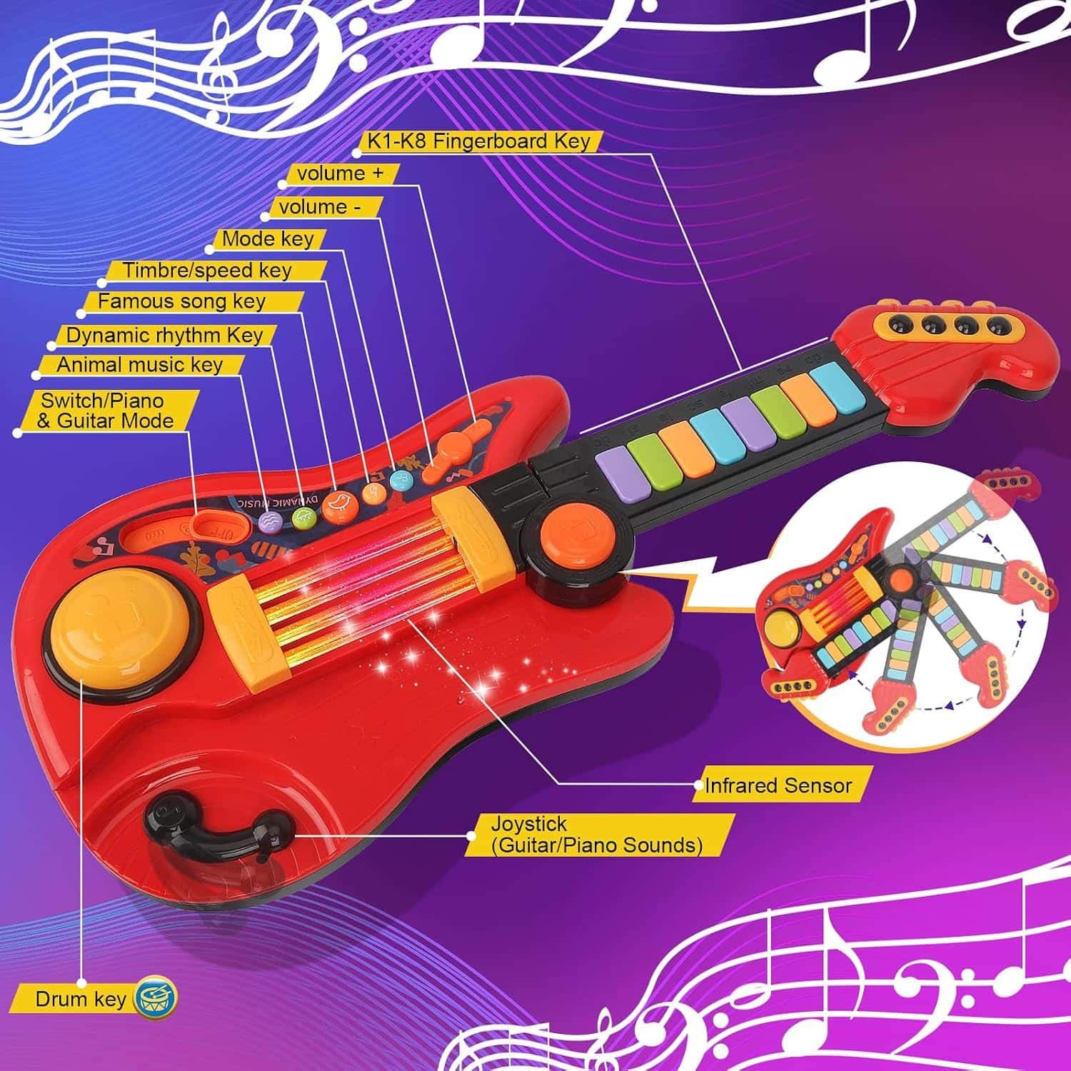 guitarra eléctrica de juguete 2 en 1 con piano, luces y diseño sin cuerdas para niños