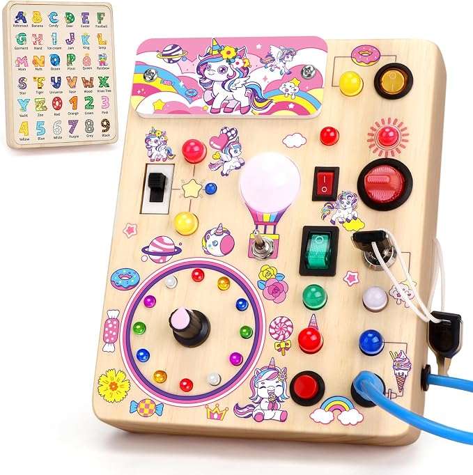 tablero ocupado de madera con luces led y diseño de unicornio para aprendizaje montessori en niños