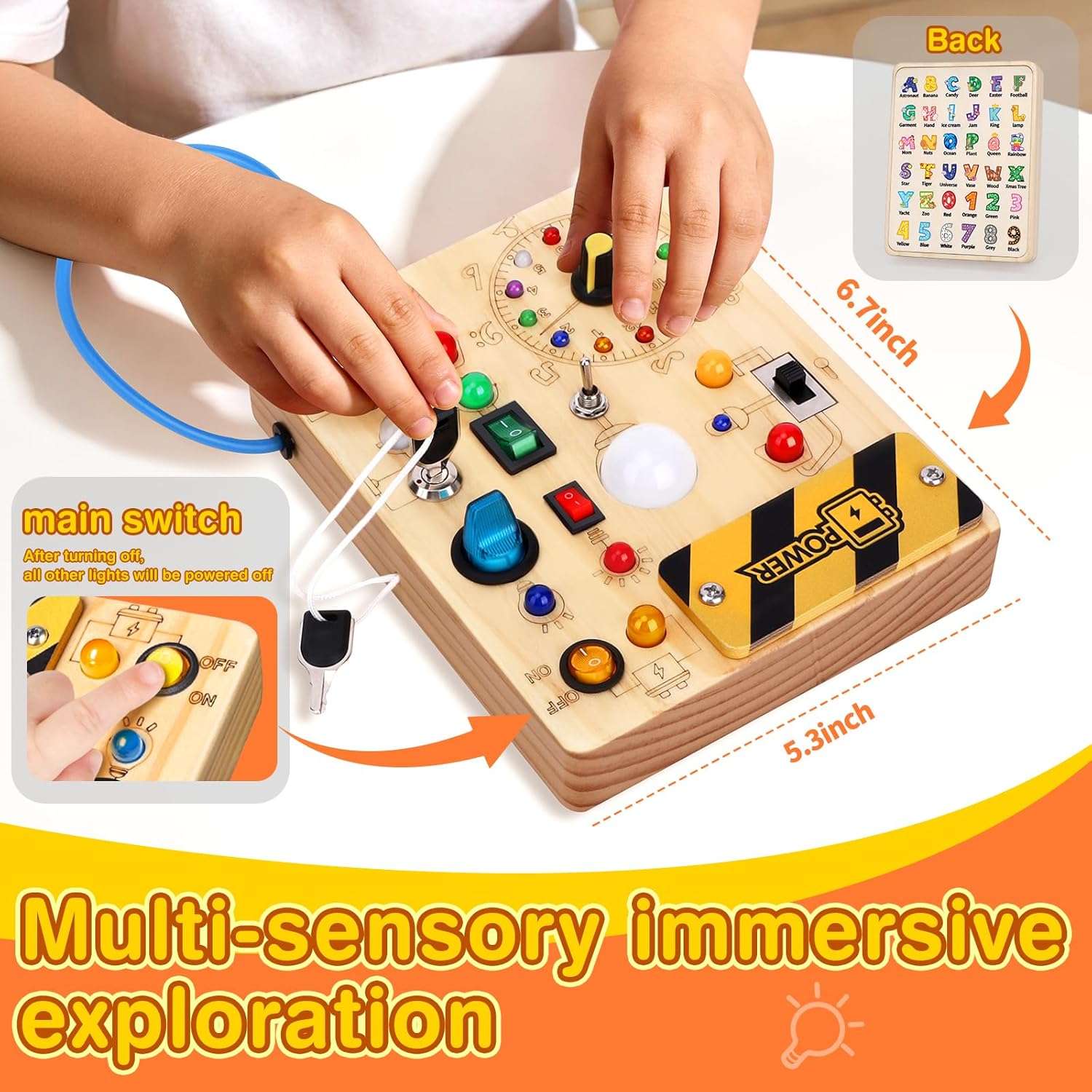 tablero ocupado de madera con luces led y diseño de unicornio para aprendizaje montessori en niños
