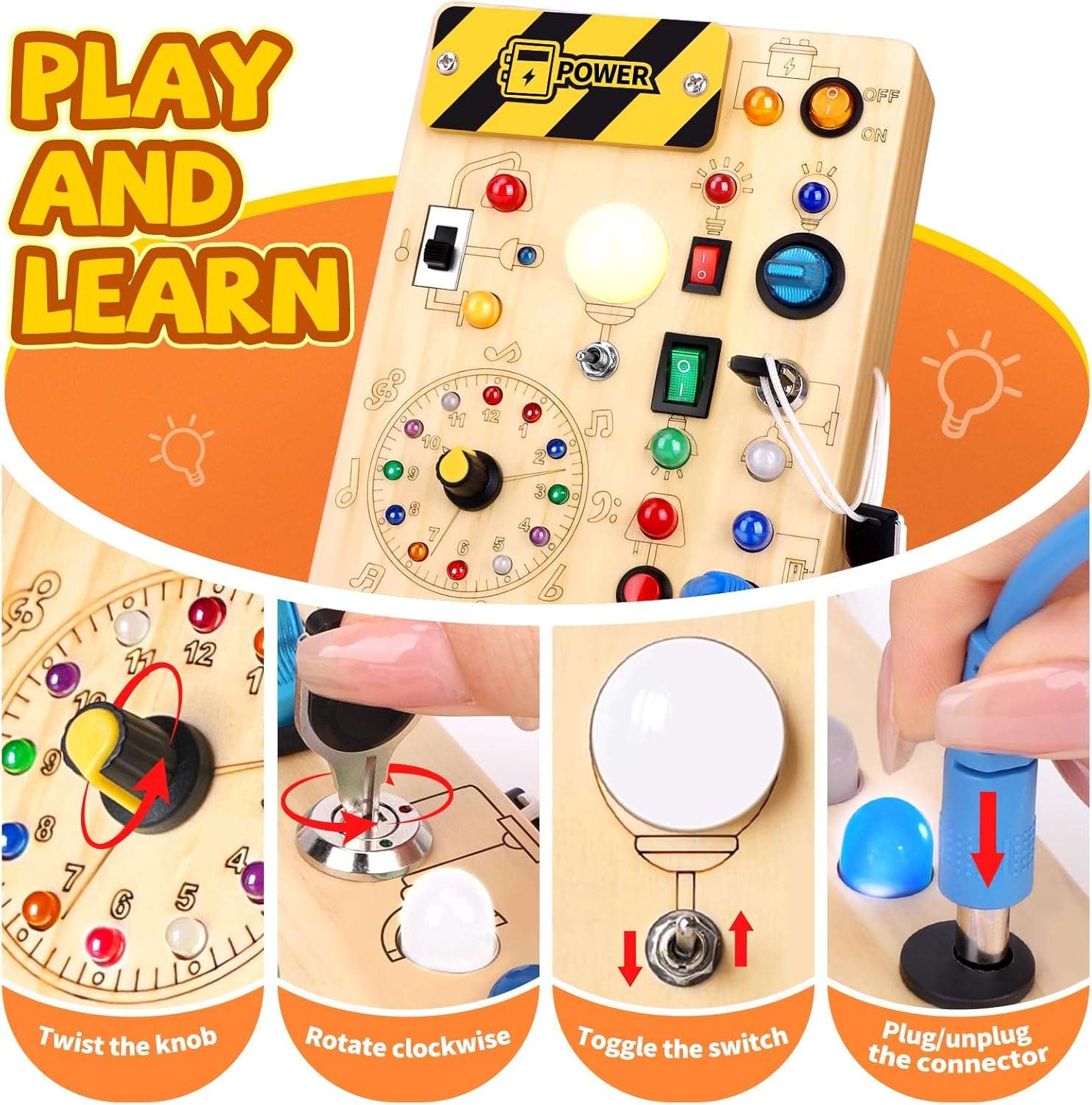 tablero ocupado de madera con luces led y diseño de unicornio para aprendizaje montessori en niños