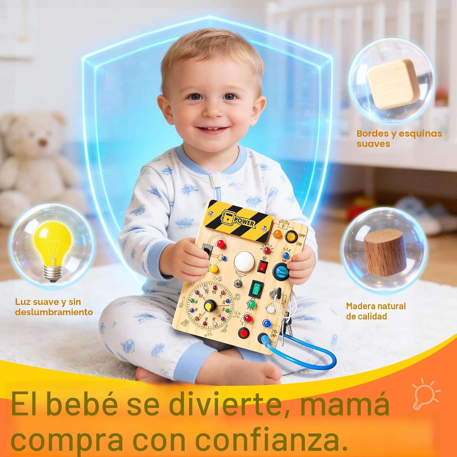 tablero ocupado de madera con luces led y diseño de unicornio para aprendizaje montessori en niños