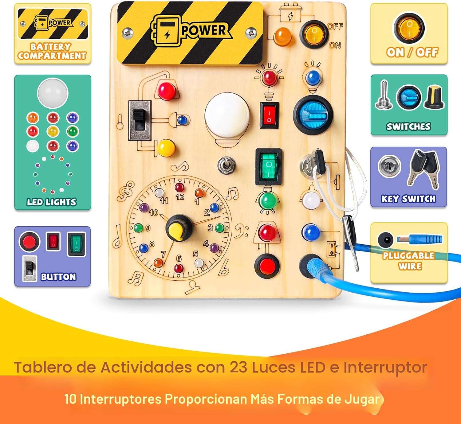 tablero ocupado de madera con luces led y diseño de unicornio para aprendizaje montessori en niños
