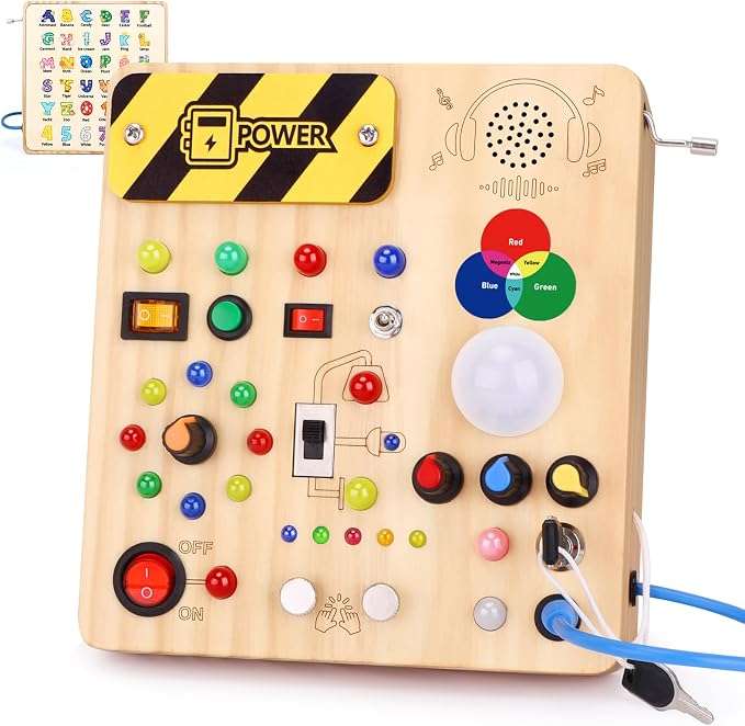 tablero ocupado de madera con luces led y diseño de unicornio para aprendizaje montessori en niños