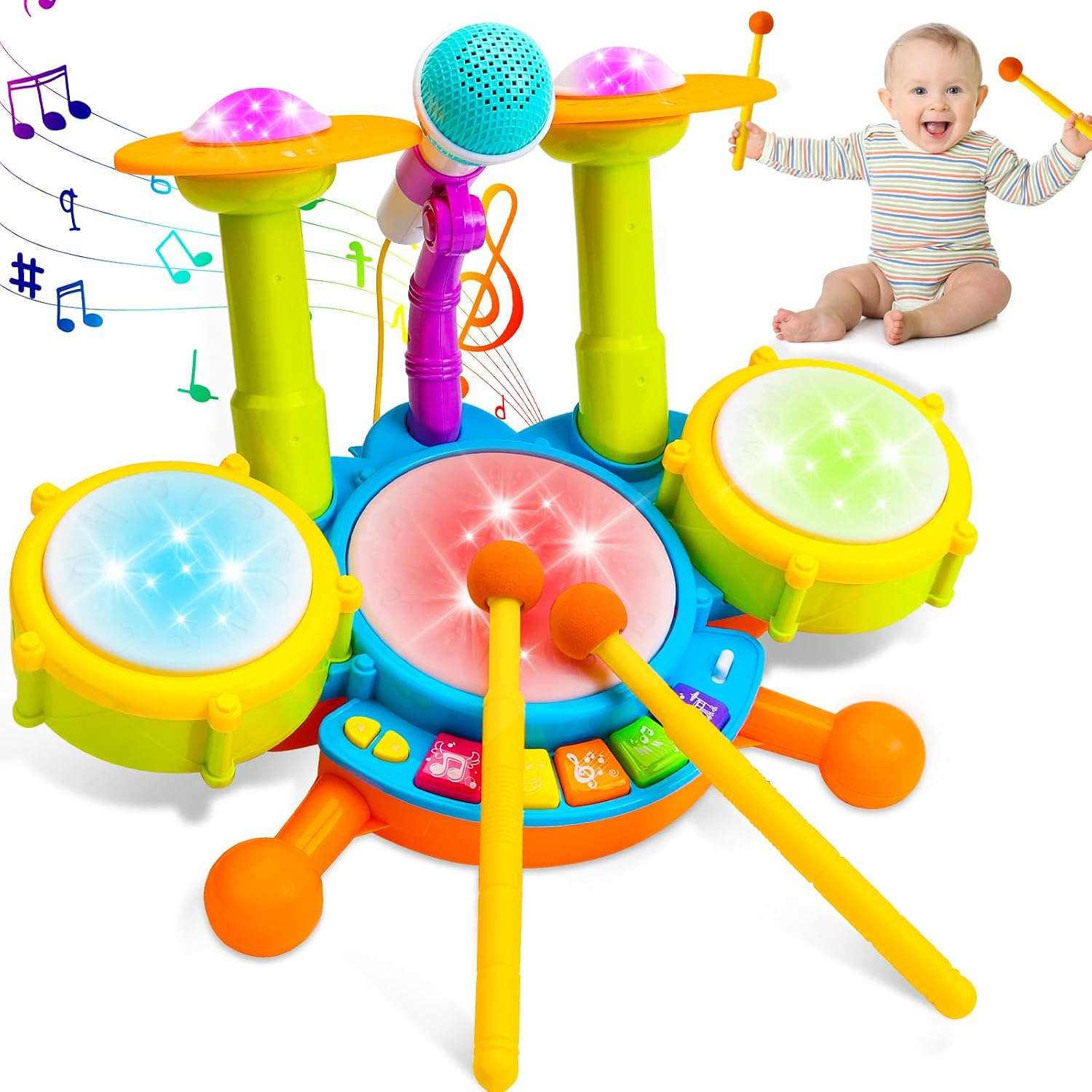 batería musical interactiva con micrófono, luces y tambores para bebés y niños pequeños
