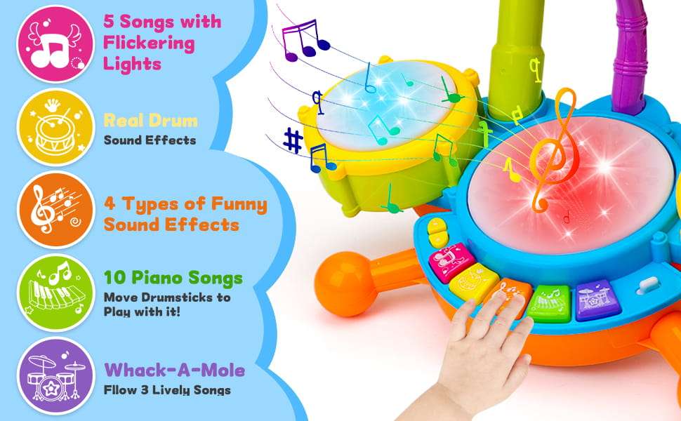 batería musical interactiva con micrófono, luces y tambores para bebés y niños pequeños