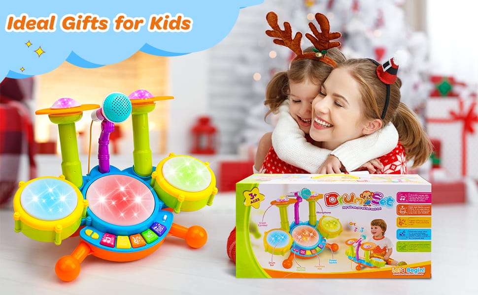batería musical interactiva con micrófono, luces y tambores para bebés y niños pequeños