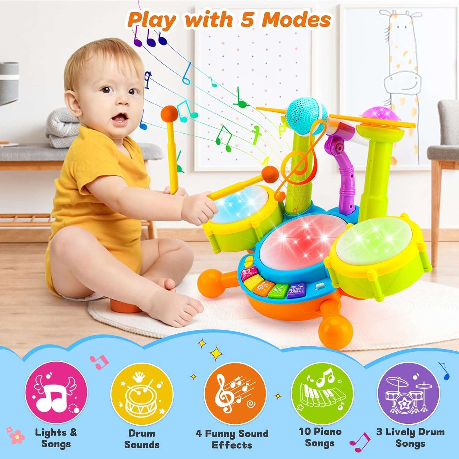 batería musical interactiva con micrófono, luces y tambores para bebés y niños pequeños
