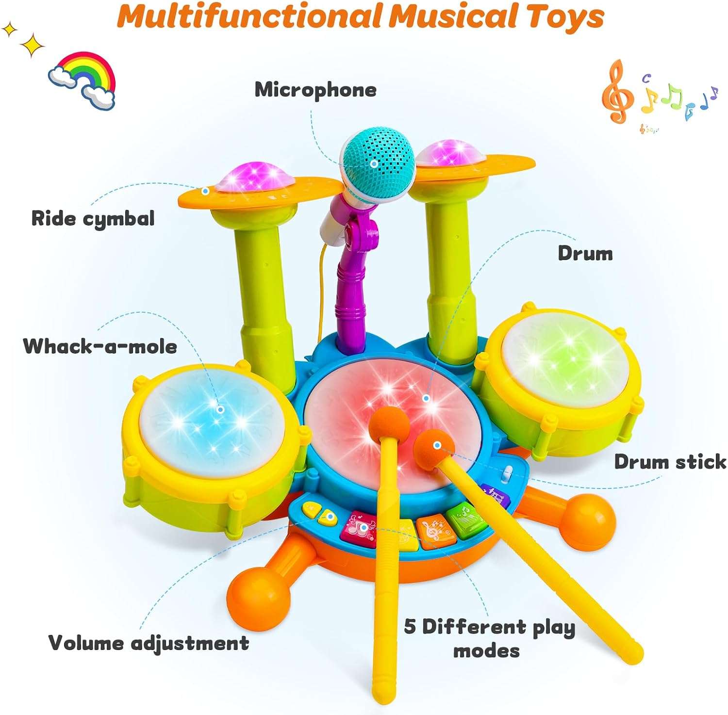 batería musical interactiva con micrófono, luces y tambores para bebés y niños pequeños