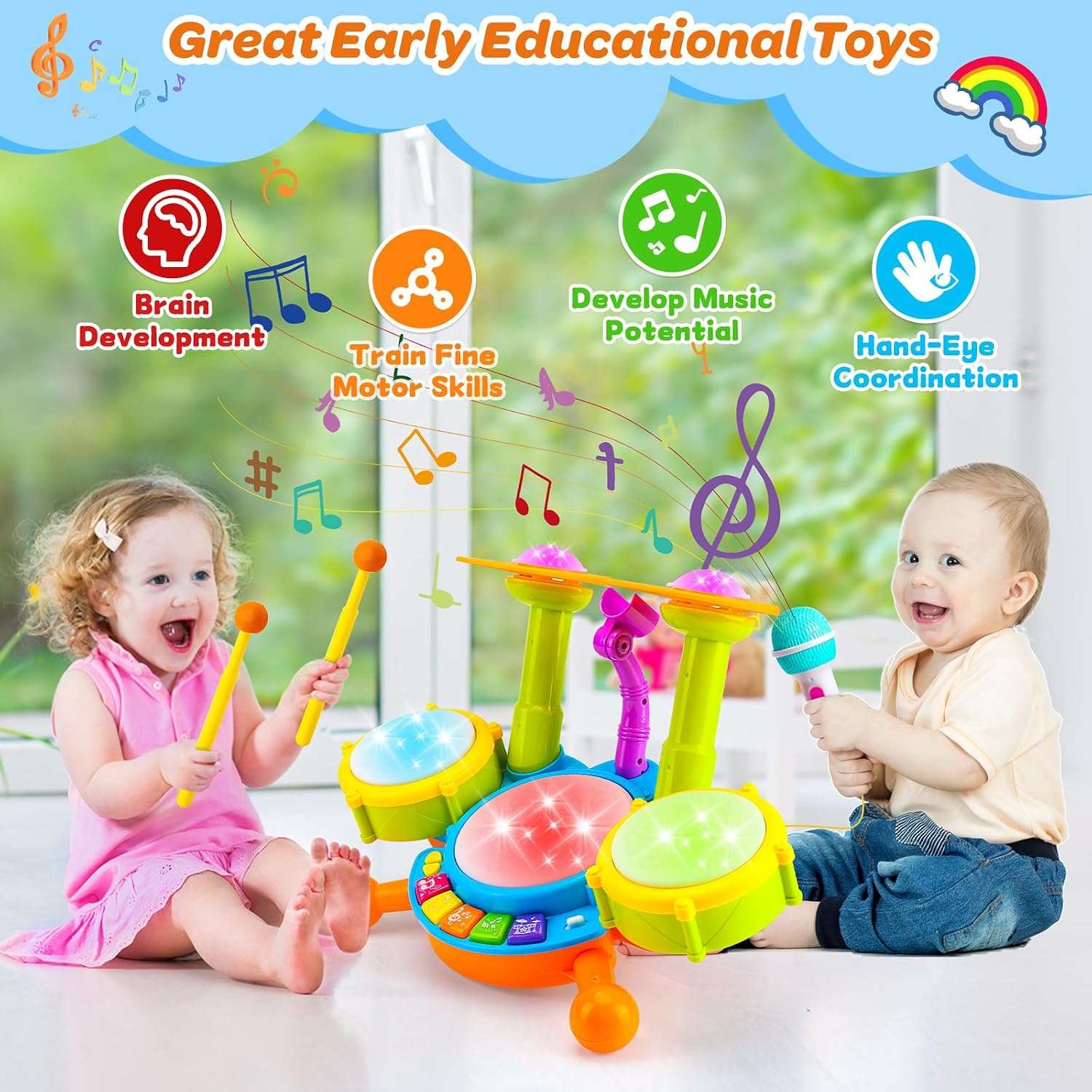 batería musical interactiva con micrófono, luces y tambores para bebés y niños pequeños