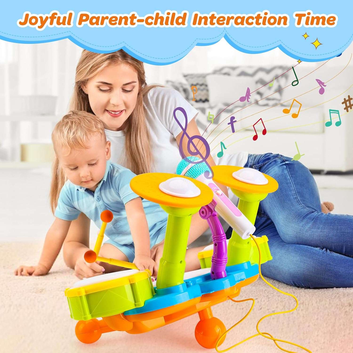 batería musical interactiva con micrófono, luces y tambores para bebés y niños pequeños