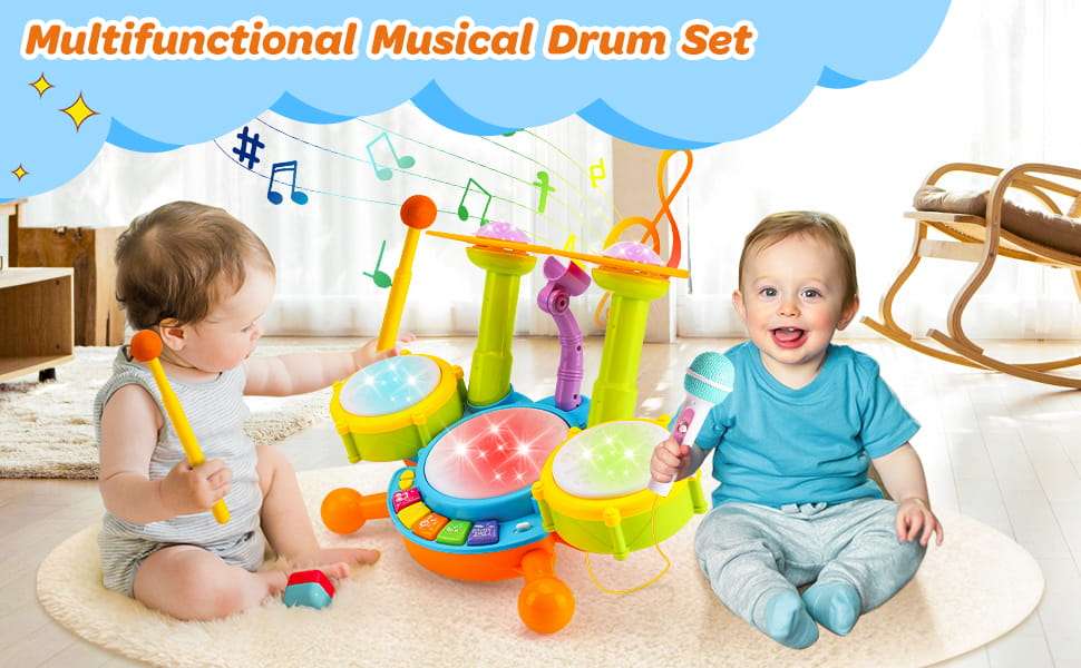 batería musical interactiva con micrófono, luces y tambores para bebés y niños pequeños