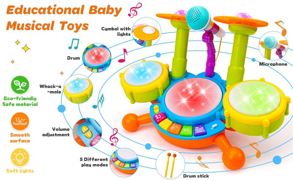 batería musical interactiva con micrófono, luces y tambores para bebés y niños pequeños