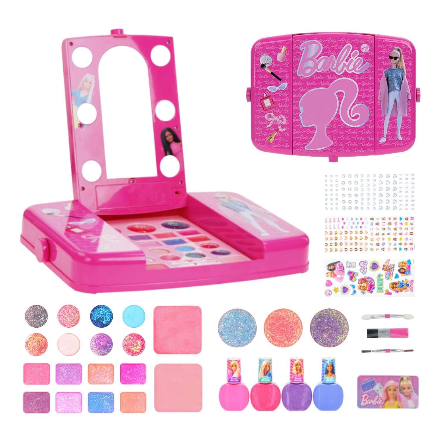 set de maquillaje barbie con espejo iluminado, sombras, brillos y accesorios