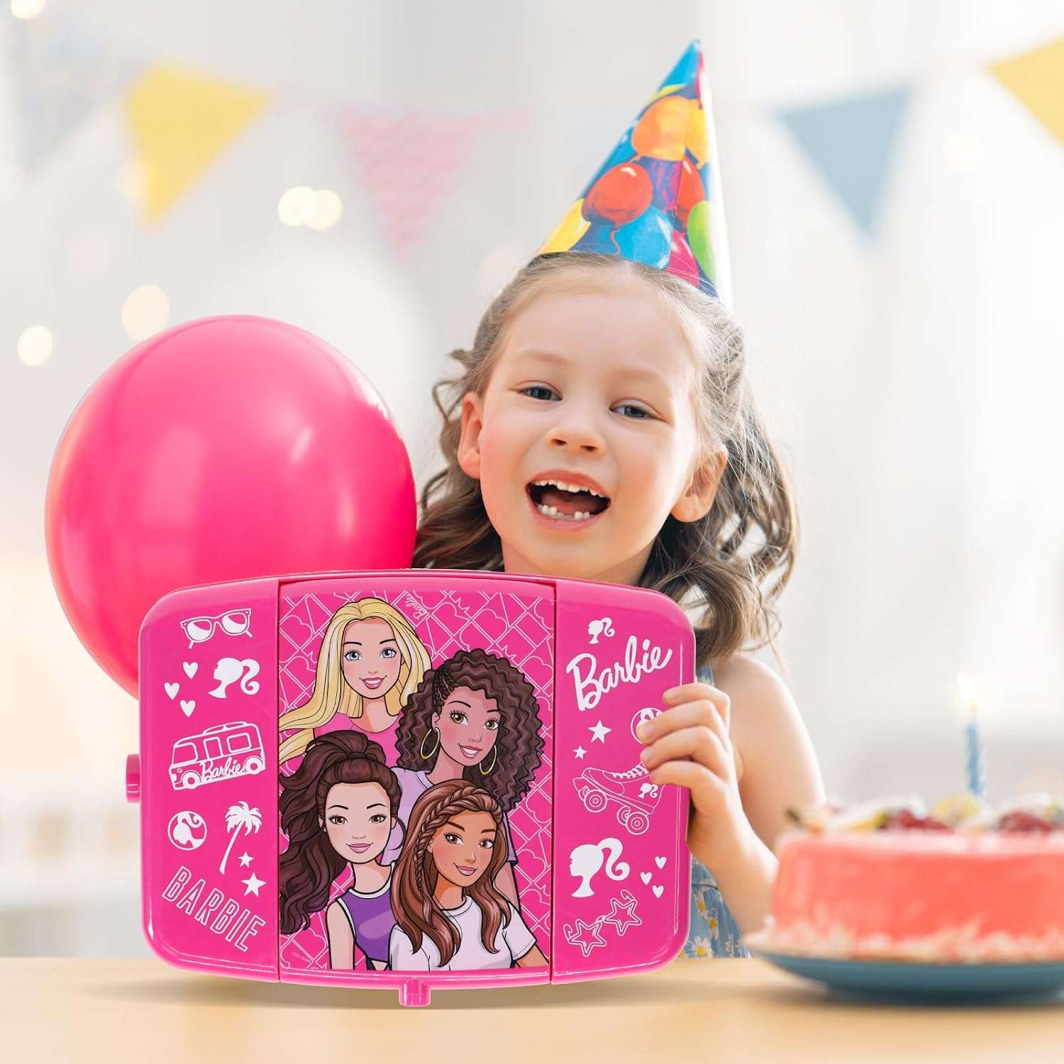 set de maquillaje barbie con espejo iluminado, sombras, brillos y accesorios
