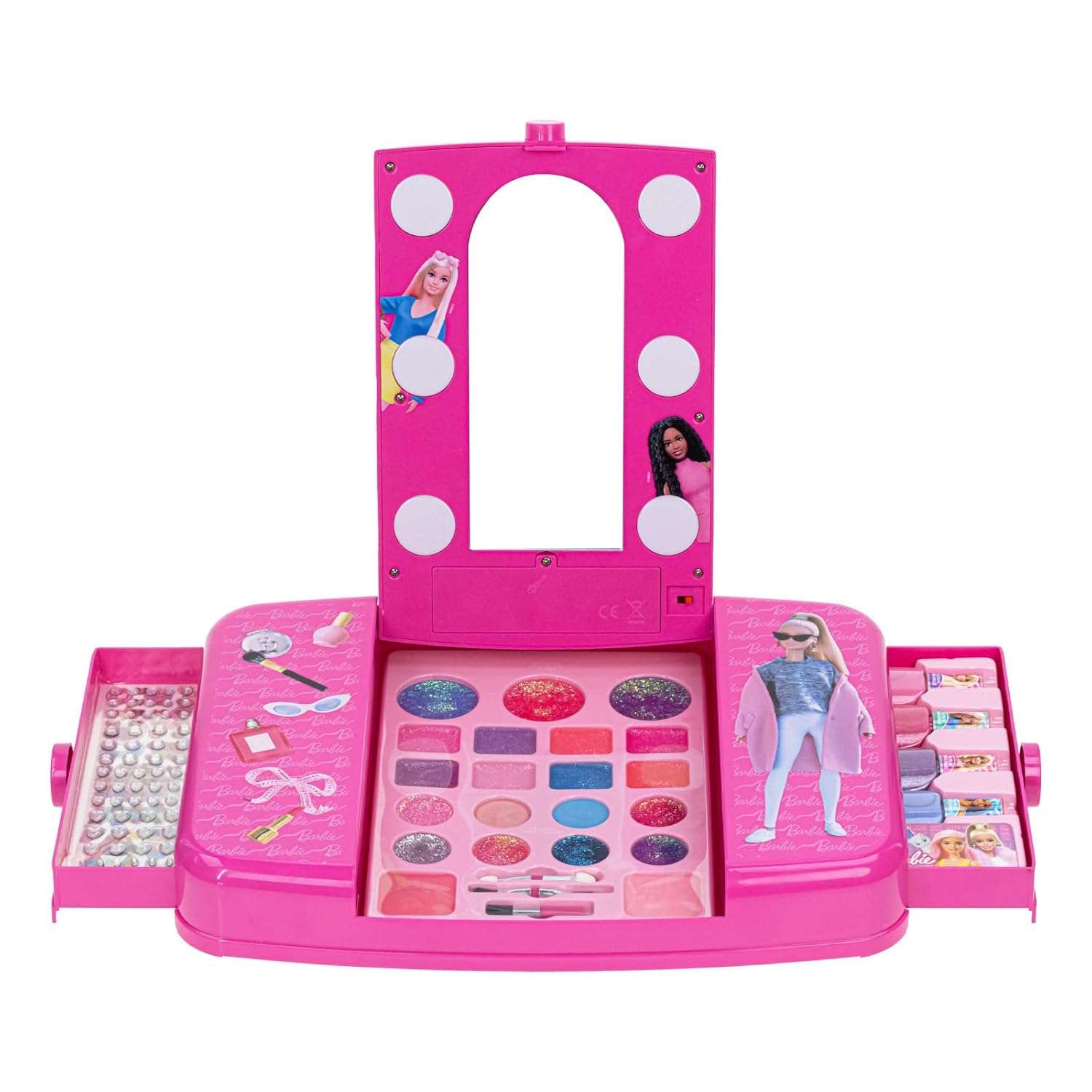 set de maquillaje barbie con espejo iluminado, sombras, brillos y accesorios