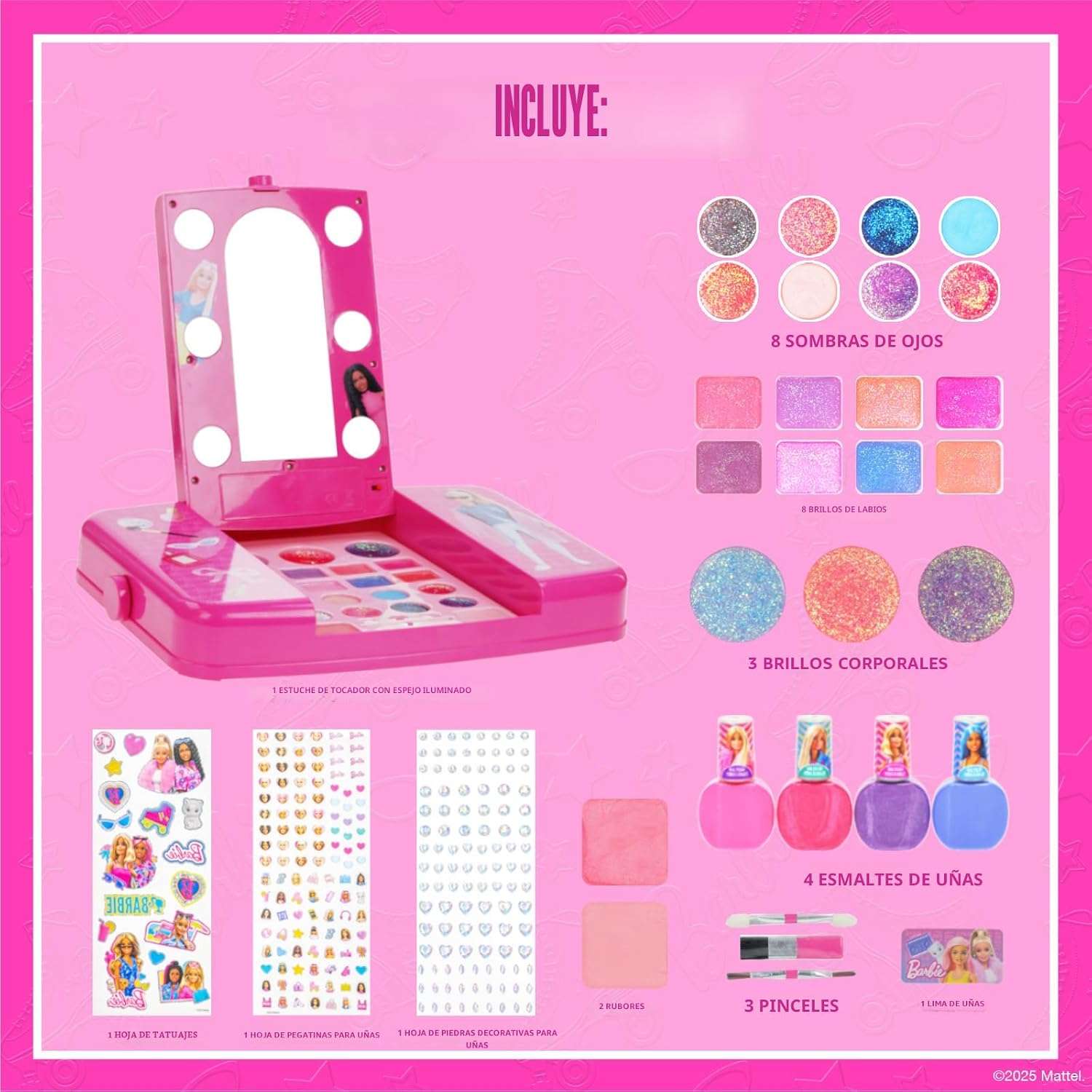 set de maquillaje barbie con espejo iluminado, sombras, brillos y accesorios