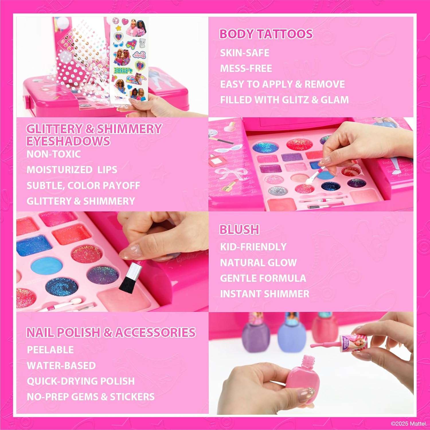 set de maquillaje barbie con espejo iluminado, sombras, brillos y accesorios