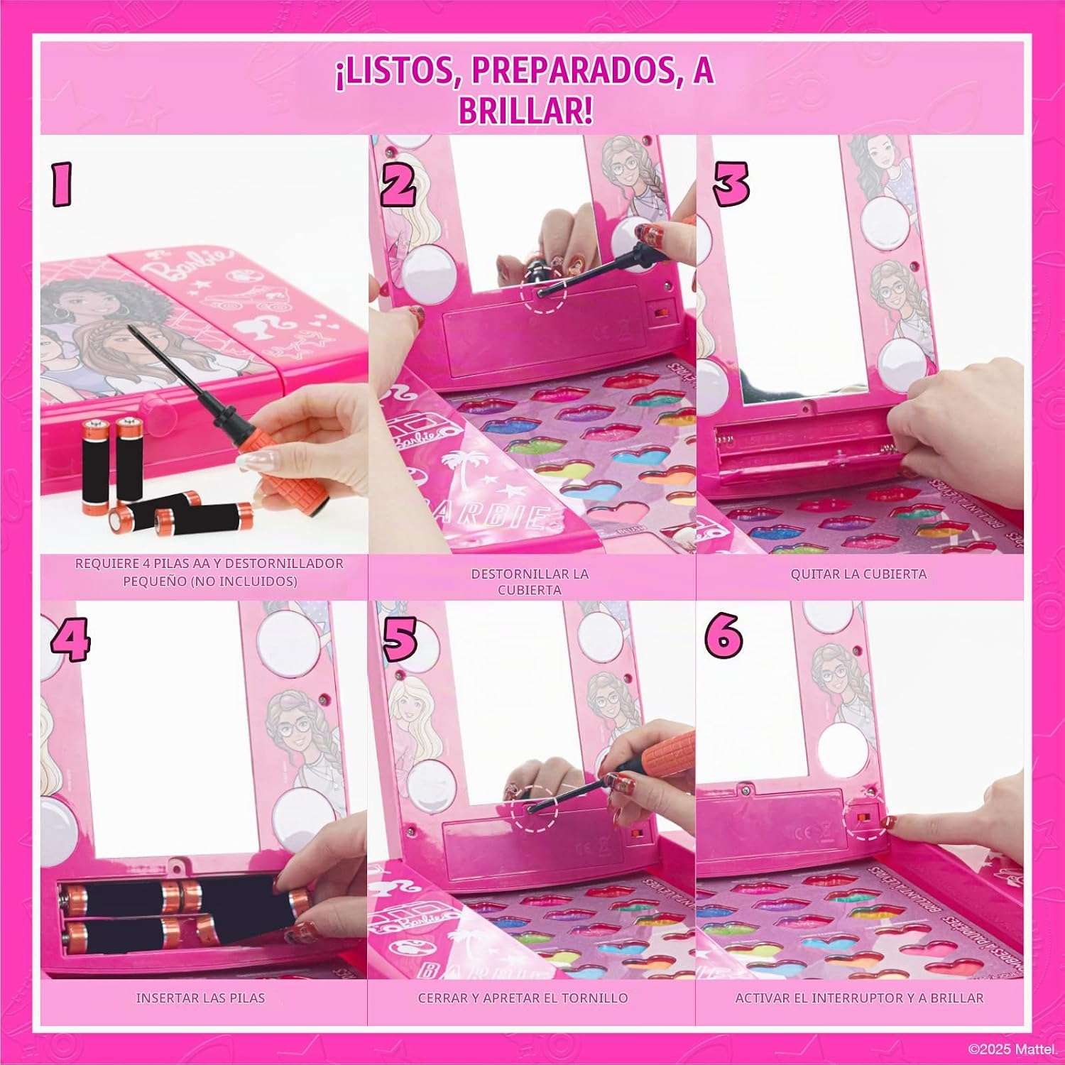 set de maquillaje barbie con espejo iluminado, sombras, brillos y accesorios