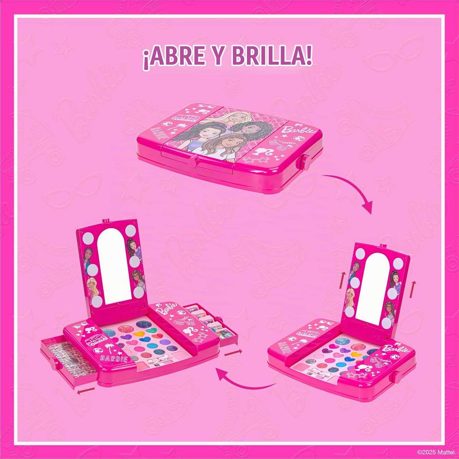 set de maquillaje barbie con espejo iluminado, sombras, brillos y accesorios