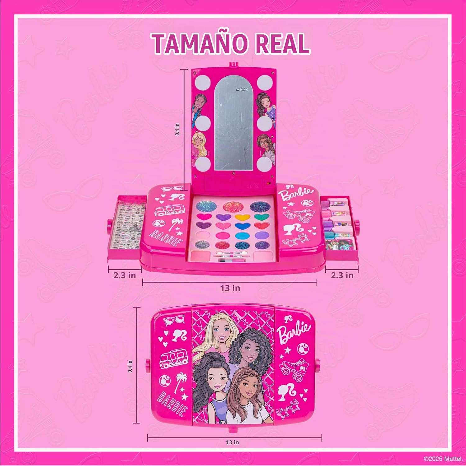 set de maquillaje barbie con espejo iluminado, sombras, brillos y accesorios