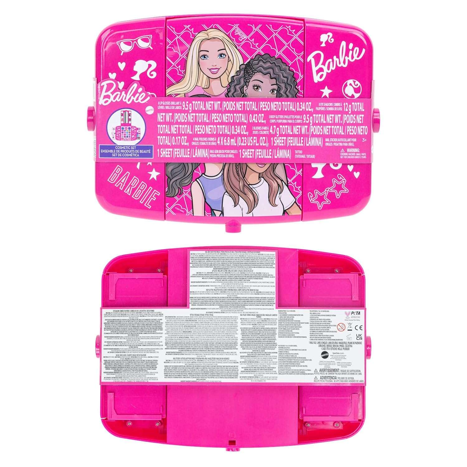 set de maquillaje barbie con espejo iluminado, sombras, brillos y accesorios