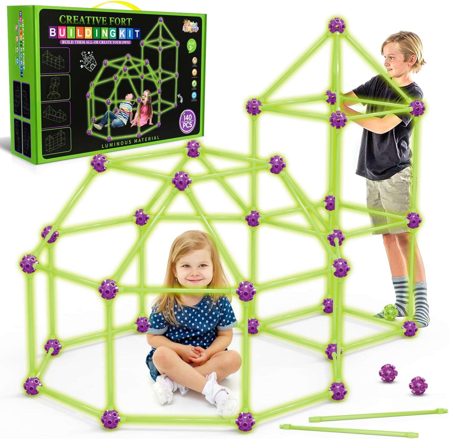 kit de construcción de fuertes que brillan en la oscuridad con varillas para niños